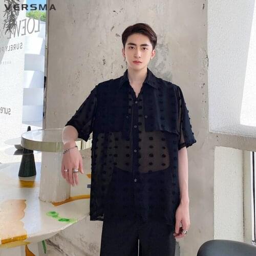 VERSMA Japanese Vintage Style Chiffon Polka Dot Transparent Shirt Stage Costumes For Singers Short Sleeve Shirt Men Dropshipping