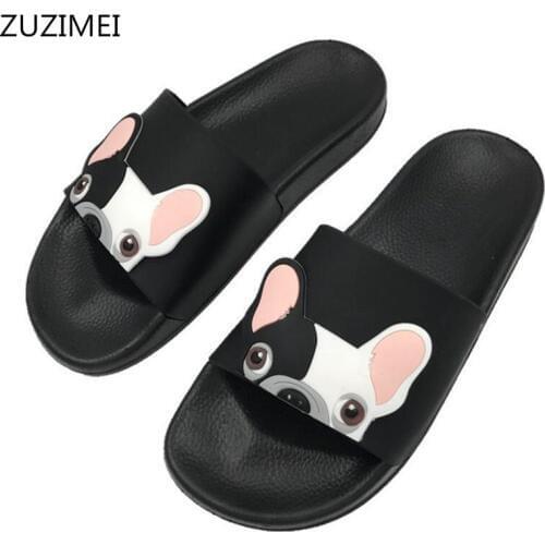 Womens Slippers Leather 2018 Summer Women Open Toe Beach Slippers Bulldog Seaside Shoes Indoor Home Casual Woman Slides ZUZIMEI
