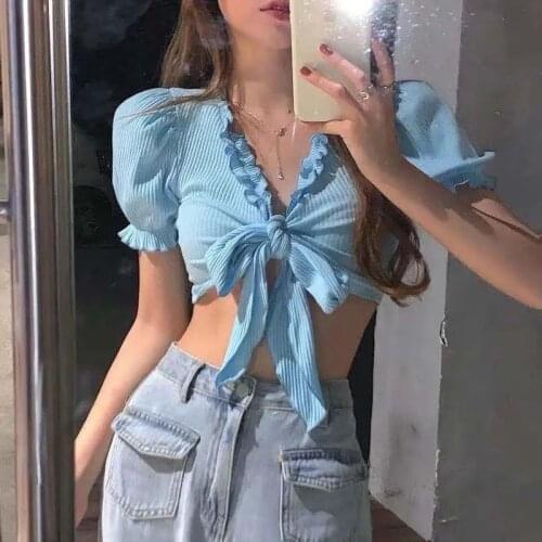 Ready Stock 🔥 Korean Fashion Women V-Neck Off Shoulder Short Sleeve Casual Bow Tie Crop Top
