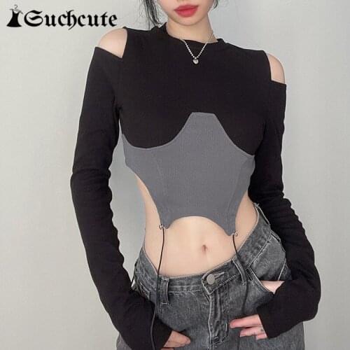 SUCHCUTE Off Shoulder Long Sleeve Women Crop Tops Harajuku Patchwork Skinny Punk Streetwear T-shirts Aesthetic Casual Korean Top