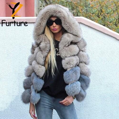 YZ Real Fox Fur Hooded Jacket Winter Full Pelt Coat Warm Outerwear Natural Fox Fur Stripe Design Coats Fashion Women Fur Jacket