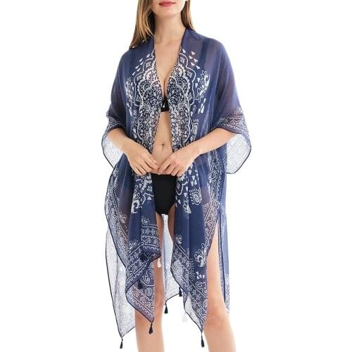 Womens Swimsuit Cover Ups Bohemian Short Sleeve Open Front Semi-Sheer Split Kimono