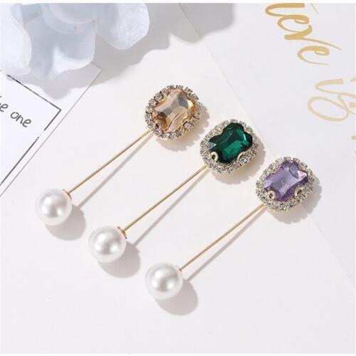Champagne grey red blue purple green rectangle glass crystal & pearl bead charm gold brooch jewelry for woman
