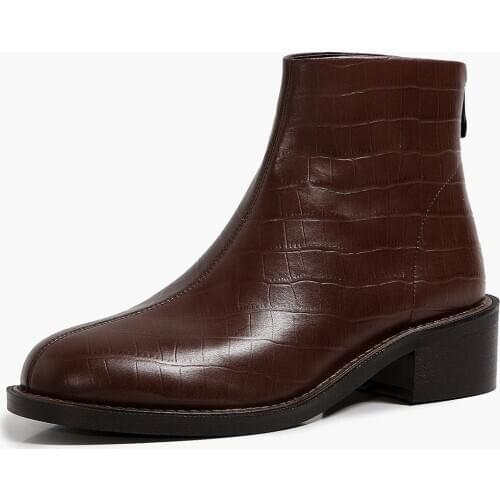 Womens genuine leather Stone pattern back zip low heel comfortable autumn ankle boots round toe casual short booties warm shoes