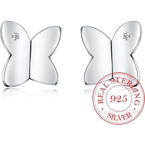 100% 925 Sterling Silver Women Jewelry Korean Silver Cute Crystal Butterfly Stud Ear Earrings for Women 2020 Wedding Party Gift