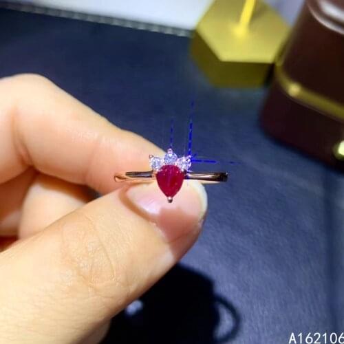 925 Pure Silver Chinese Style Natural Ruby Womens Classic Noble Water Drop Adjustable Gemstone Ring Fine Jewelry Support Detec