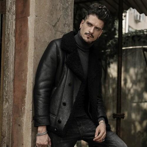Mens Shearling Jacket Casual Genuine Leather Lapel Motorcycle Short Coat Flight Jacket Men Sheepskin Jackets and Coats