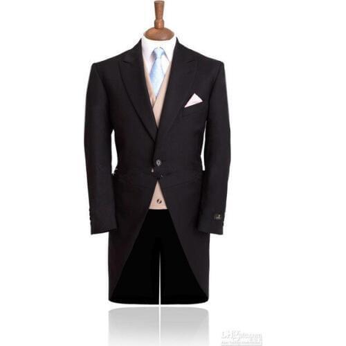 2016 Black Morning Style Groom Tuxedos Best Man Peak Lapel Groomsmen Men Wedding Suits Bridegroom (Jacket+Pants+Tie+Vest)