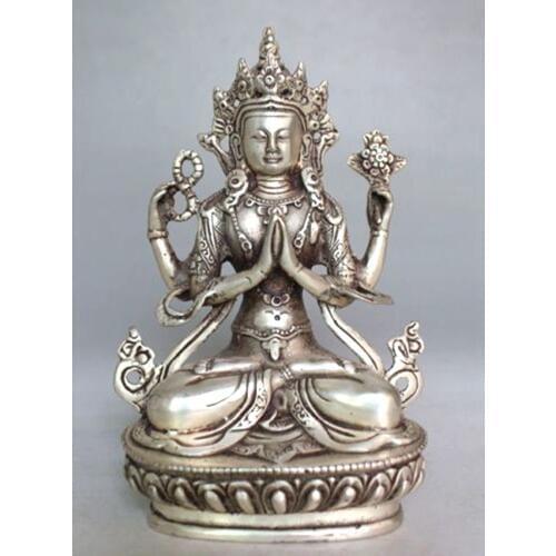Big 20cm Tibet Buddhism Silver Bodhisattva Four-armed Avalokiteshvara Buddha Statue