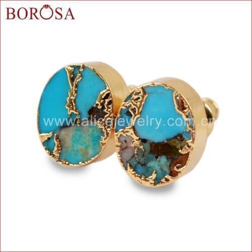 BOROSA 5/10Pairs Fashion Gold Color Oval Copper Natural Turquoises Stud Earrings Jewelry Natural Blue Stone Women Earring G1546