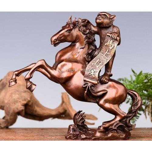 11'' bronze copper carved auspicious good fortune monkey on horse statue