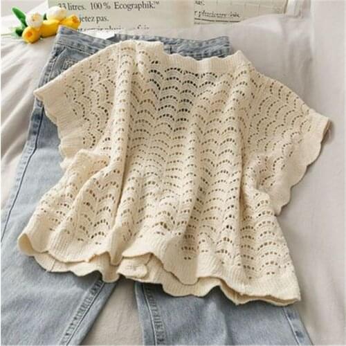 French Style Elegant Cotton Top 2021 Korean Women Summer Crochet Top V Neck Buttons Front Short Sleeve Casual Crochet Cardigan