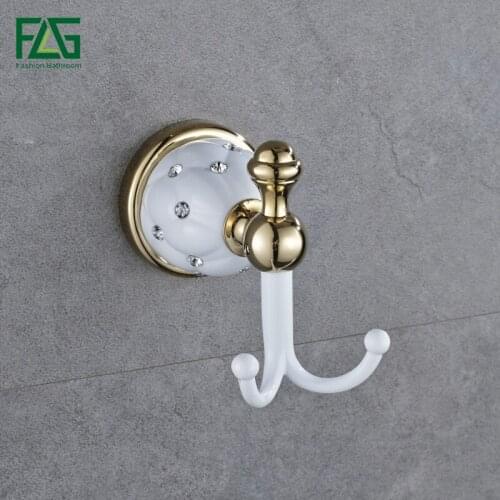 FLG White Robe Hook Clothes Hook Solid Brass Construction Golden Finish Bath Hardware Accessory Home Decoration G127-10W