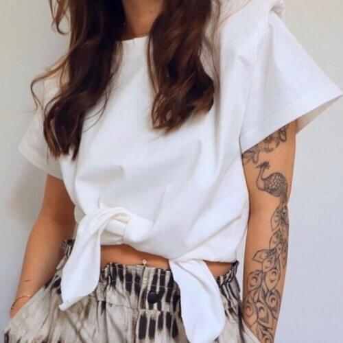 Women Cotton T-shirt Short Sleeve Black or White Color Lace-up Female Simple Top