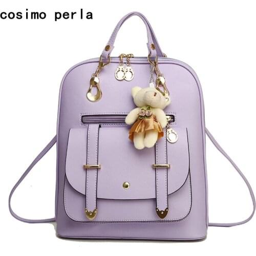 Candy Color Korean Style PU Leather Backpacks for Women High Quality Travel Rucksack with Cute Bear Pink Female Bagpack Mochila