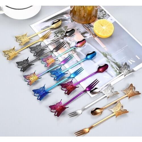 Coffee Stirring Spoon 304 Steel Coffee Spoon Creative Butterfly Fruit Fork Household Hanging Cup Spoon Dessert Cake Fork