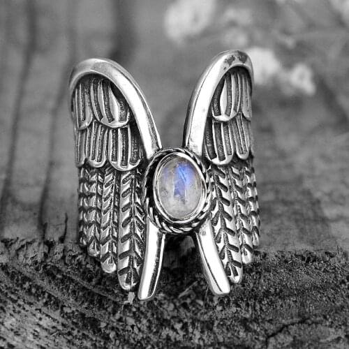 Milangirl Vintage Thai Angel Wings Moonstone Feather Ring Womens Unique Jewelry Party jewelry