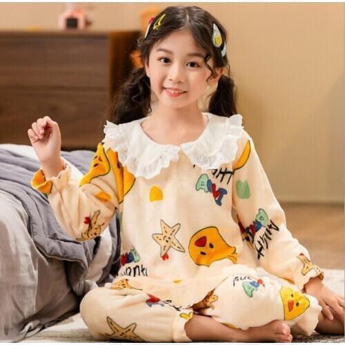 Fashion Flannel 2021 Winter Girl Warm Thicken Pajamas Lounge Kids Coral Fleece Sleepwear Set Children Long Sleeve Baby Pijamas