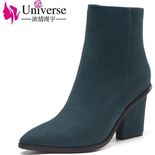 Universe fashion winter ankle boots for women square heel pointed toe shoes quality suede leather boots G272