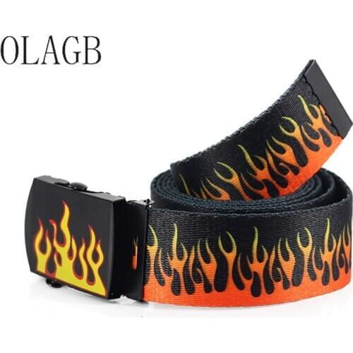 Men Women Unisex 130cm Flame Print Long Belt Plain Canvas Belts High Quality Fashion Jeans Waist Metal Buckle Strap 379
