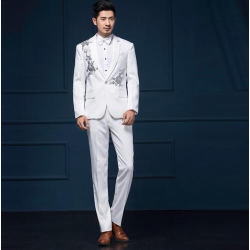 Male costume homme slim fit formal dress men flower suits costume white suit man wedding ternos hombre fashion plus size M - 3XL