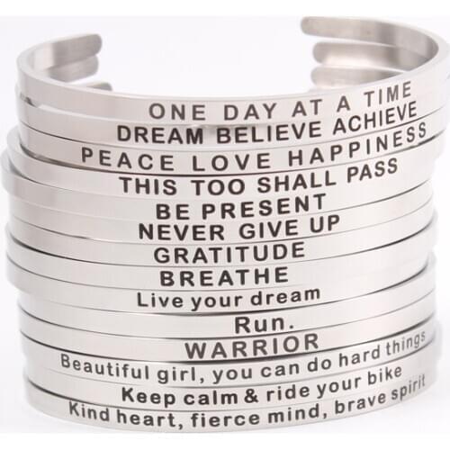 Newest Mantra Bracelet Custom Name Bracelet,Stamped BREATHE Run WARRIOR NEVER GIVE UP 4MM Bar Stainlless Steel Bangle Open Cuff