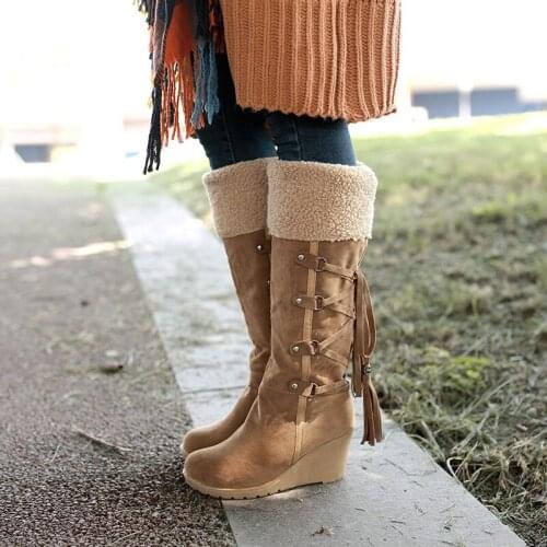 2021 NEW Fashion knee high boots women Spring and Autumn Wedge heel lace up snow boots women casual Keep warm High boots