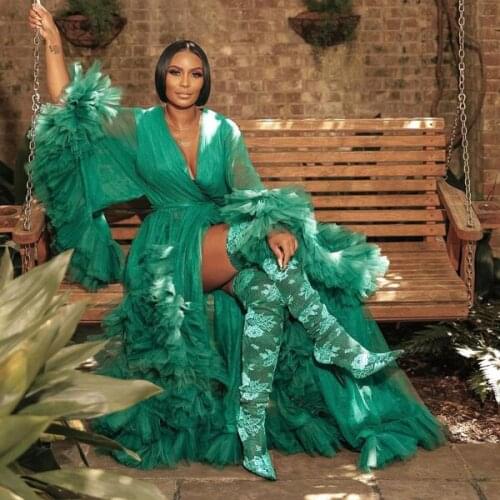 New Fashion Green Ruffled Tulle Robes Women Long Sleeves Maternity Photo Shoot Ruffles Tulle Dresses Customized Plus Size