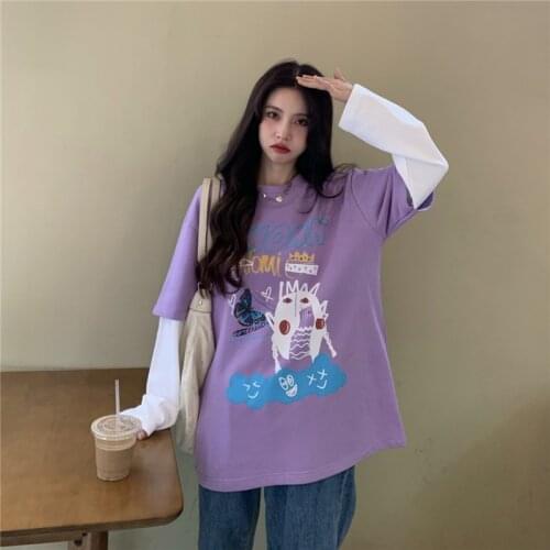 Spring And Autumn 2021 New Korean Version Of Fake Two-Piece Kawaii Printed Pattern Fashion Top Niche Sweater Long-Sleeved T-Shir
