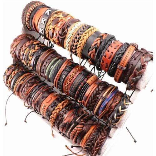 Wholesale 30pcs/Lot Handmade Mens Mix Style Vintage leather Bangle Bracelets Jewelry Cuff Bracelets For Women Size Adjustable