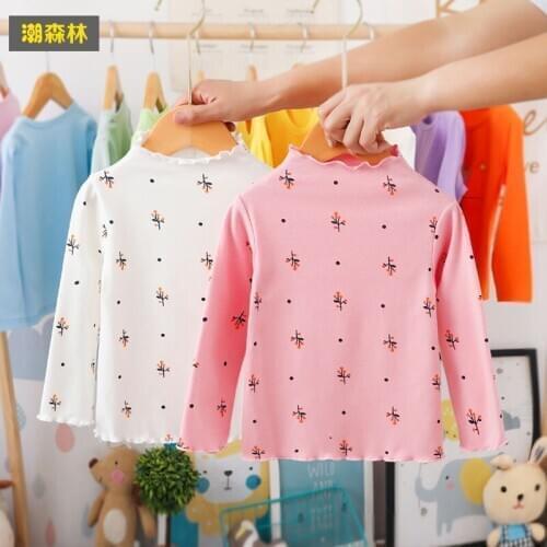 2-6 Years Kids Girl Clothes T-shirt Autumn Long Sleeve Half High Collar Spring Flower Print T-shirt Children Girl Cotton T-shirt