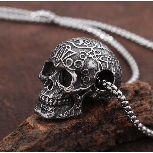 Gothic Stainless Steel Skull Pendant Necklace Punk Hip Hop Unique Stamp Biker Skull Mens Necklace Jewelry Gift Wholesale