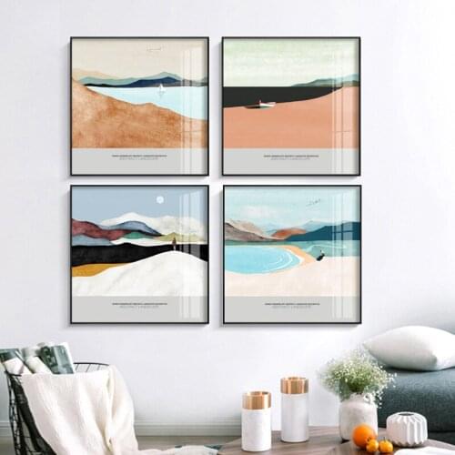 Nordic Abstract Landscape Sea Bench Golden Sunset Canvas Wall Art Paintings Posters and Prints Pictures Living Room Home Decor