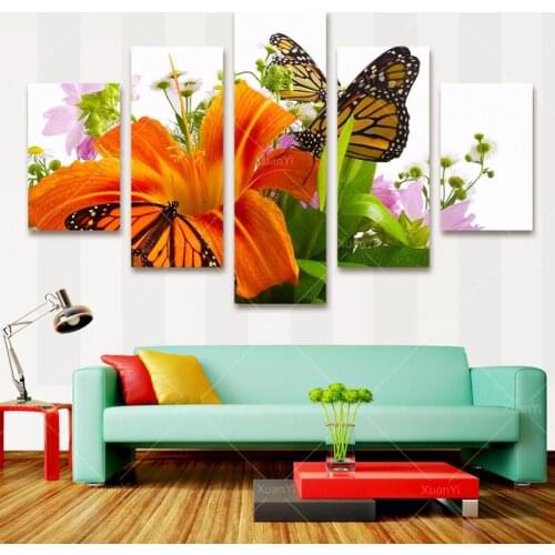 2015 New Modern Butterfly Flower Painting Canvas Art Cuadros Flower Pictures Home Decor For Living Room Prints Unframed PRF1024