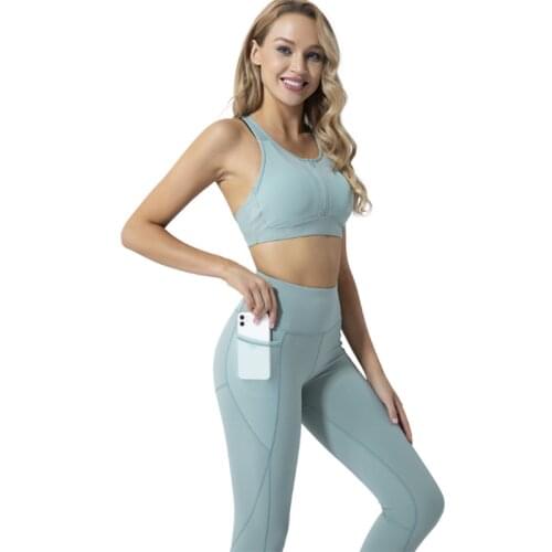 New European and American summer fast drying women cross border front zipper sports bra fitness yoga suit set of two pieces