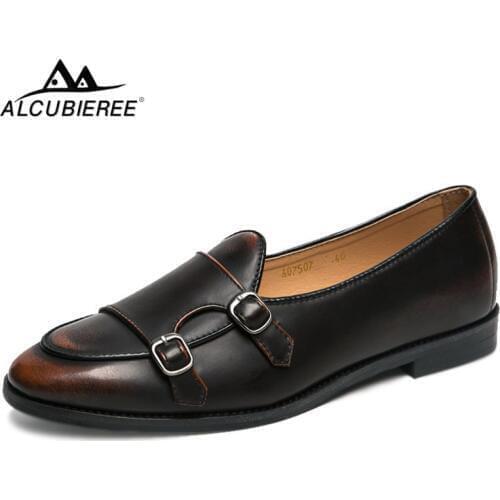 ALCUBIEREE Elegant Men Double Monk Strap Shoes Men British Loafers Mens Slip-on Formal Shoes Vintage Official Oxford for Male