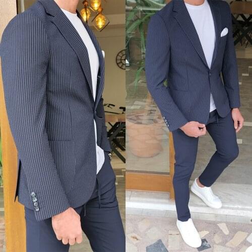 Tailored Pinstripe Groom Wedding Tuxedos Slim Fit One Button Jacket Suits Prom Party Business Suit Outfit Only One Piece