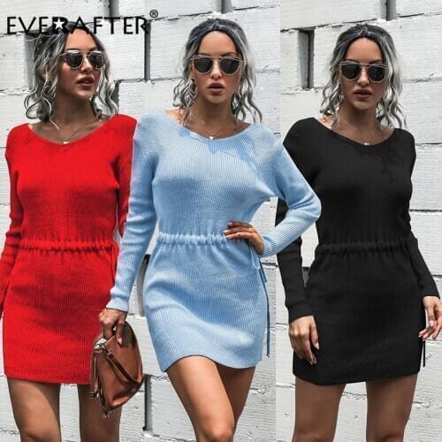 EVERAFTER Casual Long Sleeve Knitted Dress Women O-neck Sashes High Waist Autumn Winter Sexy Bodycon Female Solid Office Dress