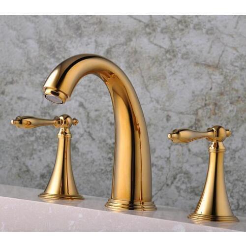 2 handles sink basin faucet hot and cold, Copper three hole sink basin faucet golden, Brass handle bathroom bathtub faucet deck