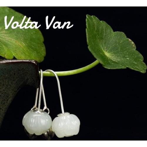 Volta Van 925 Sterling Silver Drop Earrings Pendientes Plata Natural Jade 2021 New Vintage Lotus Flower Jewelry Elegant Earrings