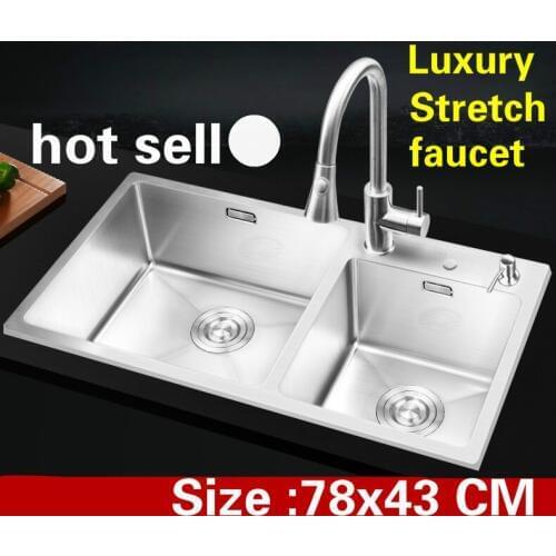 Free shipping Apartment kitchen manual sink double groove luxury 304 stainless steel stretch faucet hot sell 780x430 MM