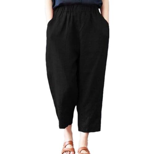 Womens Cotton Linen Harem Pants Retro Trousers Elastic High Waist Casual 2021 Summer Capri Pants Joggers Vrouw Broek Plus Size