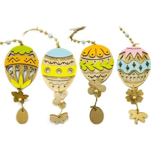 Wooden Flower Easter Eggs Hanging Pendant Ornaments Favors Baby Shower Craft Home Party Decoration DIY Props