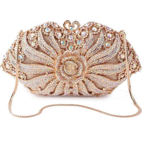 Luxury AB Women Clutch Evening Bags Gold Metal Women Rhinestone Clutches Purses Ladies 50cm Chain Clutches Party Dinner Bag