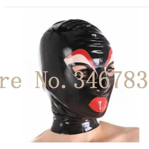 100% Black Latex Hood Mask Red/White Eyebrow with Zip no zipper in the Back Costumes Accessories for Party