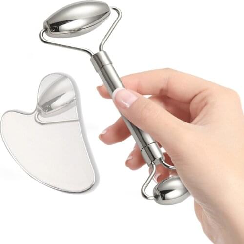 2pcs Face Massagers For Face Body Gua Sha Scraper Beauty Facial Roller Set stainless steel Massage Slimming Skin Care Lift tool