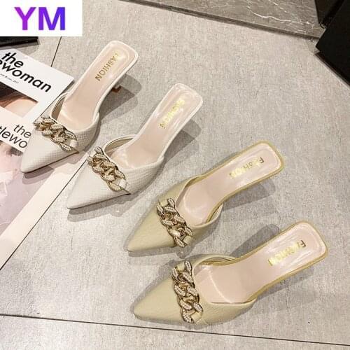 Female Shoes Thin Heels Heeled Mules sandals Casual Glitter Slides Pointed Toe 2021 Shallow Med High Luxury Jelly Summer Cover