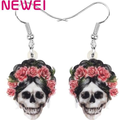 Newei Acrylic Halloween Rose Skeleton Skull Earrings Big Dangle Drop Jewellery For Women Girls Fashion Party Gift Accessories