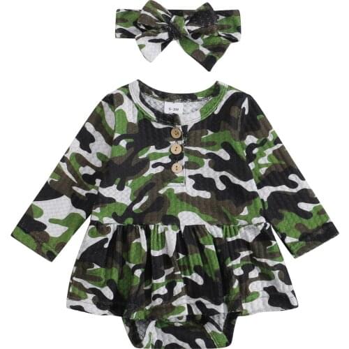 New Long Sleeve Romper Dress+ Bow Headband, Camouflage Pattern Printing Summer Clothing