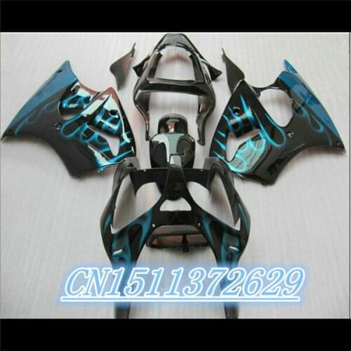 Dor-fairing kit fits for ZX6R 00-02 ZX 6R 2000-2002 black with sky light blue flame D injection